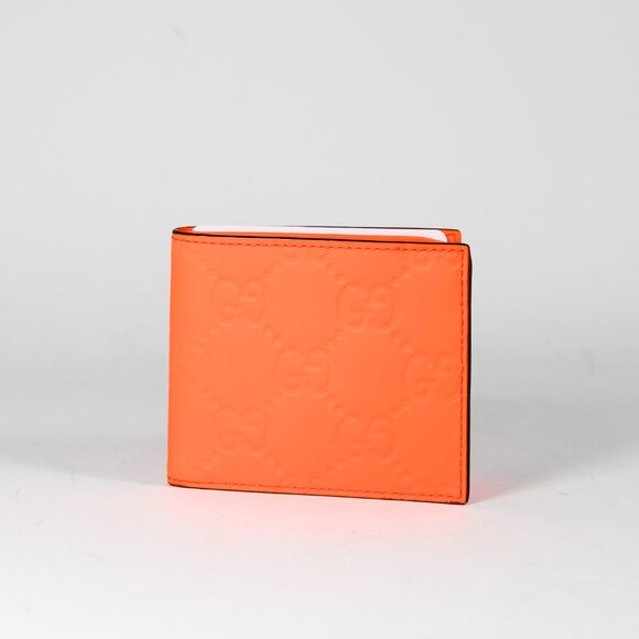 Gucci Super Mini Bi-Fold Wallet in Fluorescent Orange GG Rubber-Effect Leather - Picture 2 of 9